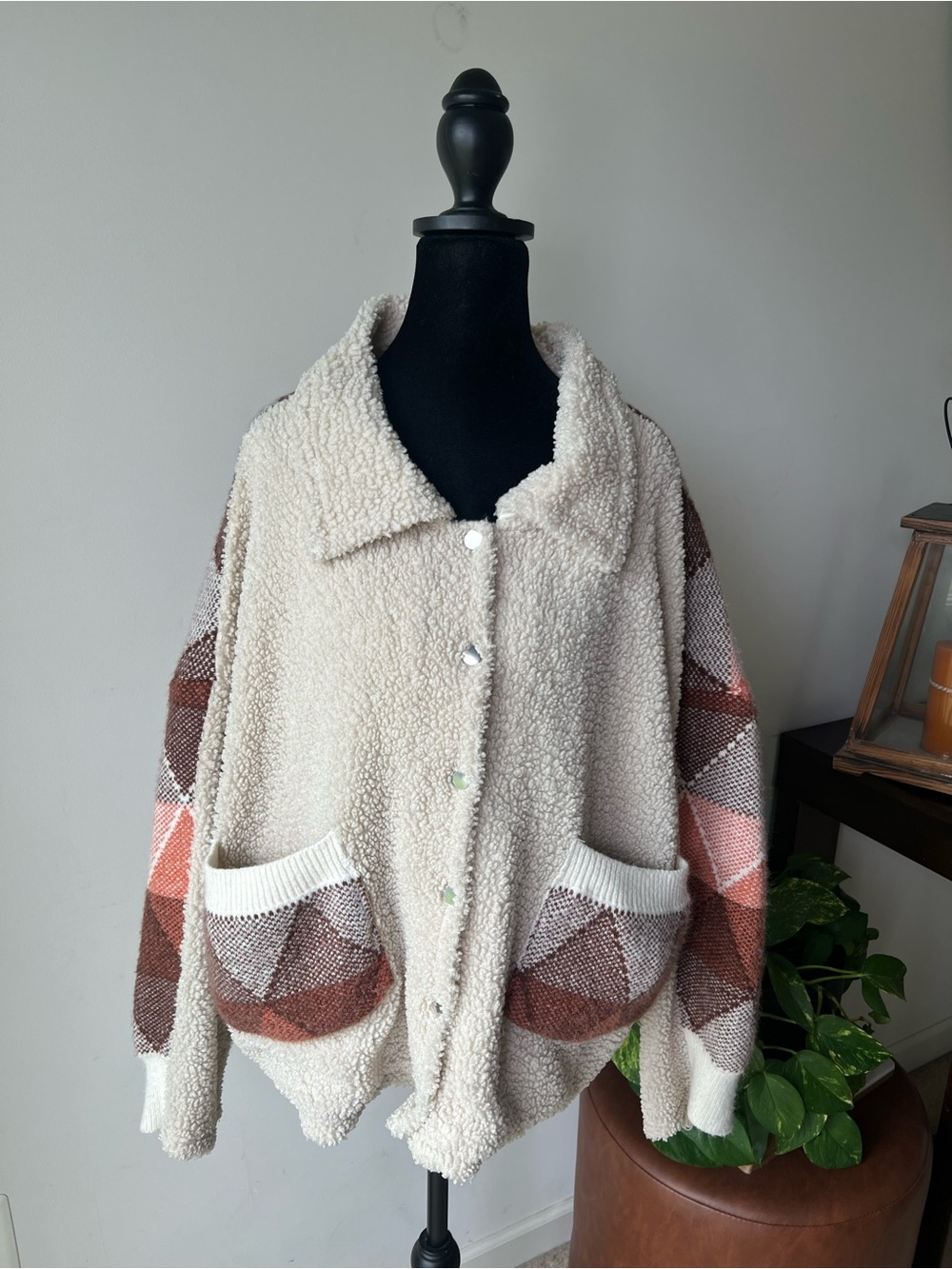 DAVI & DANI Cream Sherpa Jacket with Brown and Burnt Orange Geometric Sleeves